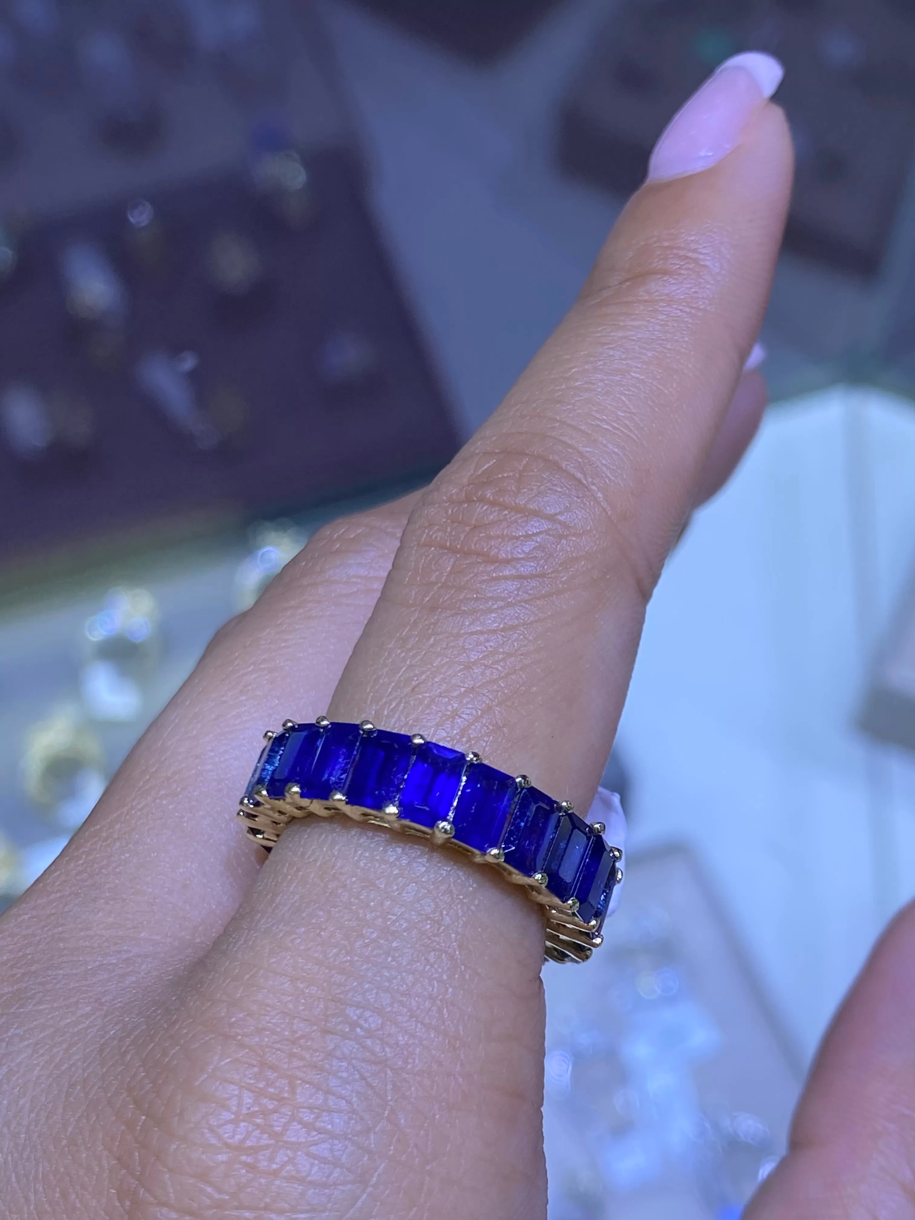 14k Gold Emerald Cut Blue Sapphire Eternity Band