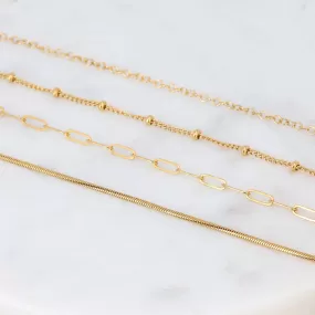 14k Layering Chains, Gold Filled Necklace, Paperclip, Cable, Snake, or Beaded Satellite Chain, Tarnish Free & Hypoallergenic, Chain Only