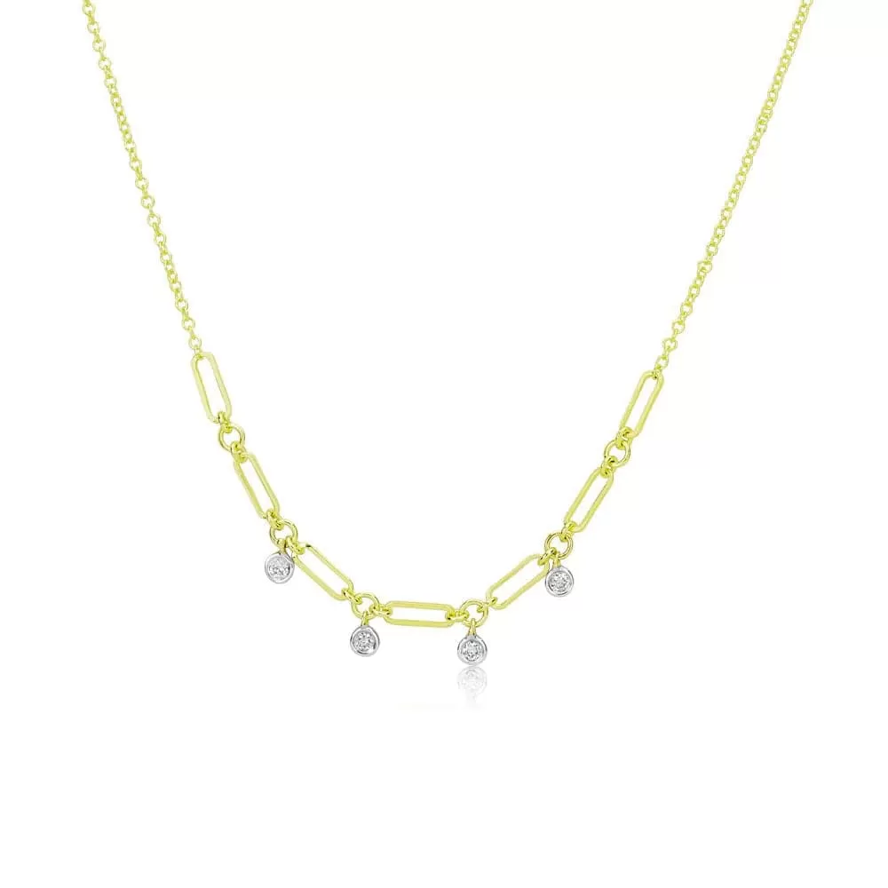 18K YELLOW GOLD 16-18 INCH CABLE CHAIN NECKLACE WITH BEZEL-SET DIAMOND DANGLES