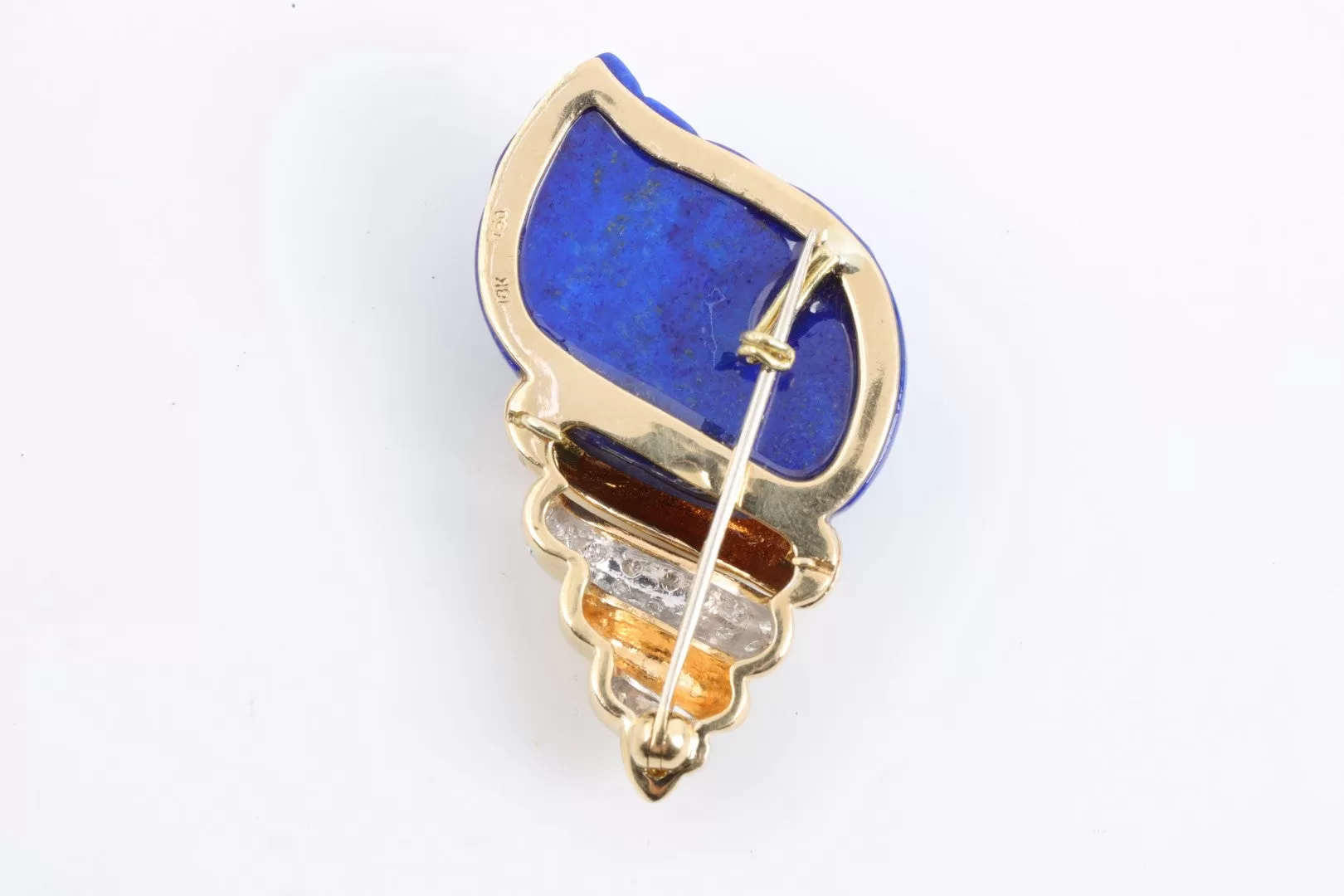 18k Yellow Gold Lapis Lazuli 0.33tcw Diamond Shell Brooch (15.14g.)