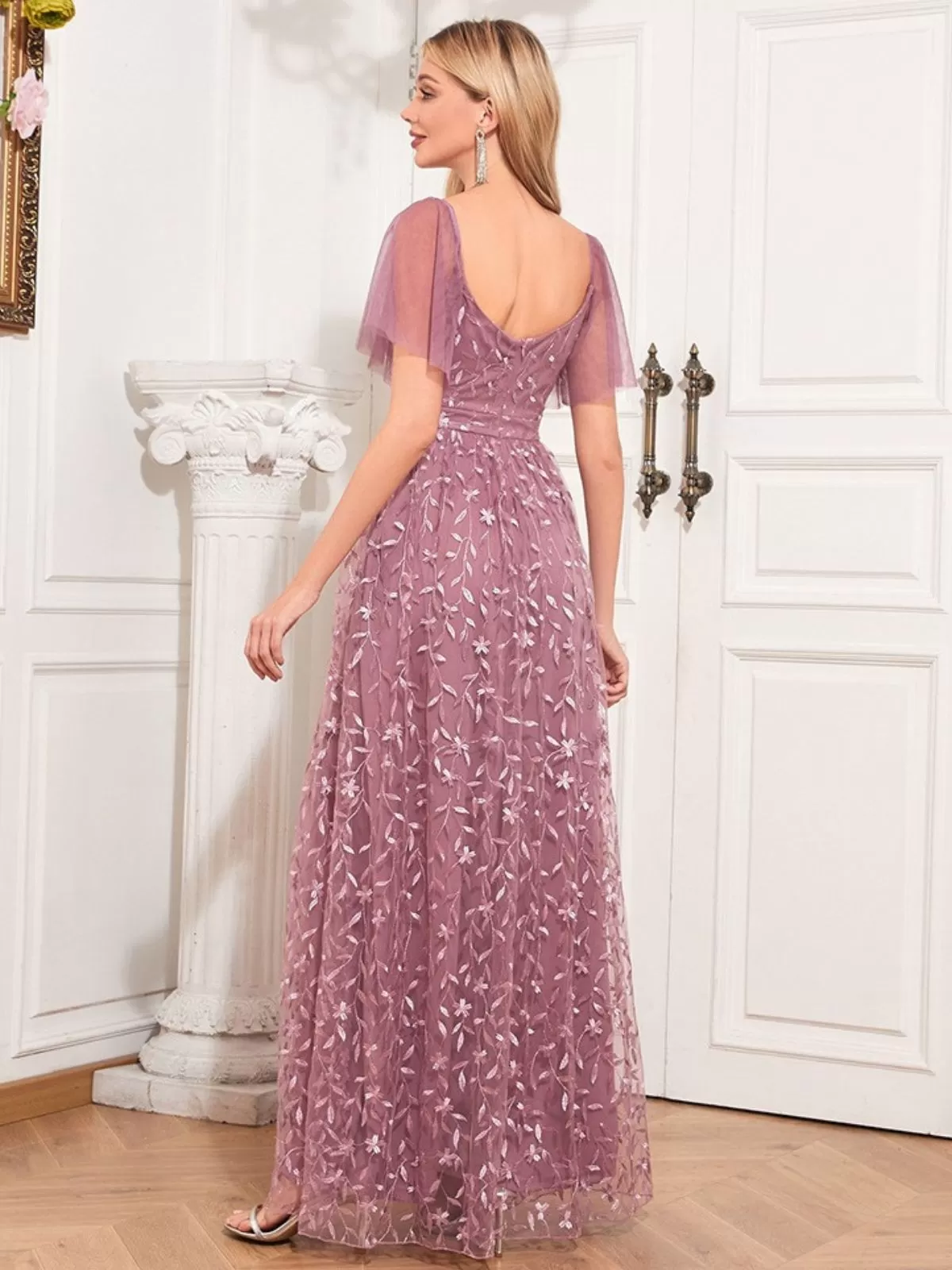 1920s Solid Sweetheart Neckline Embroidered Long Dress