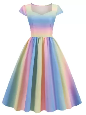 1950s Rainbow Gradient Sweetheart Cap Sleeved Dress