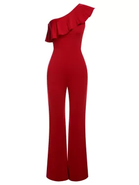 1950s Solid One Shoulder Ruffled Jumpsuit