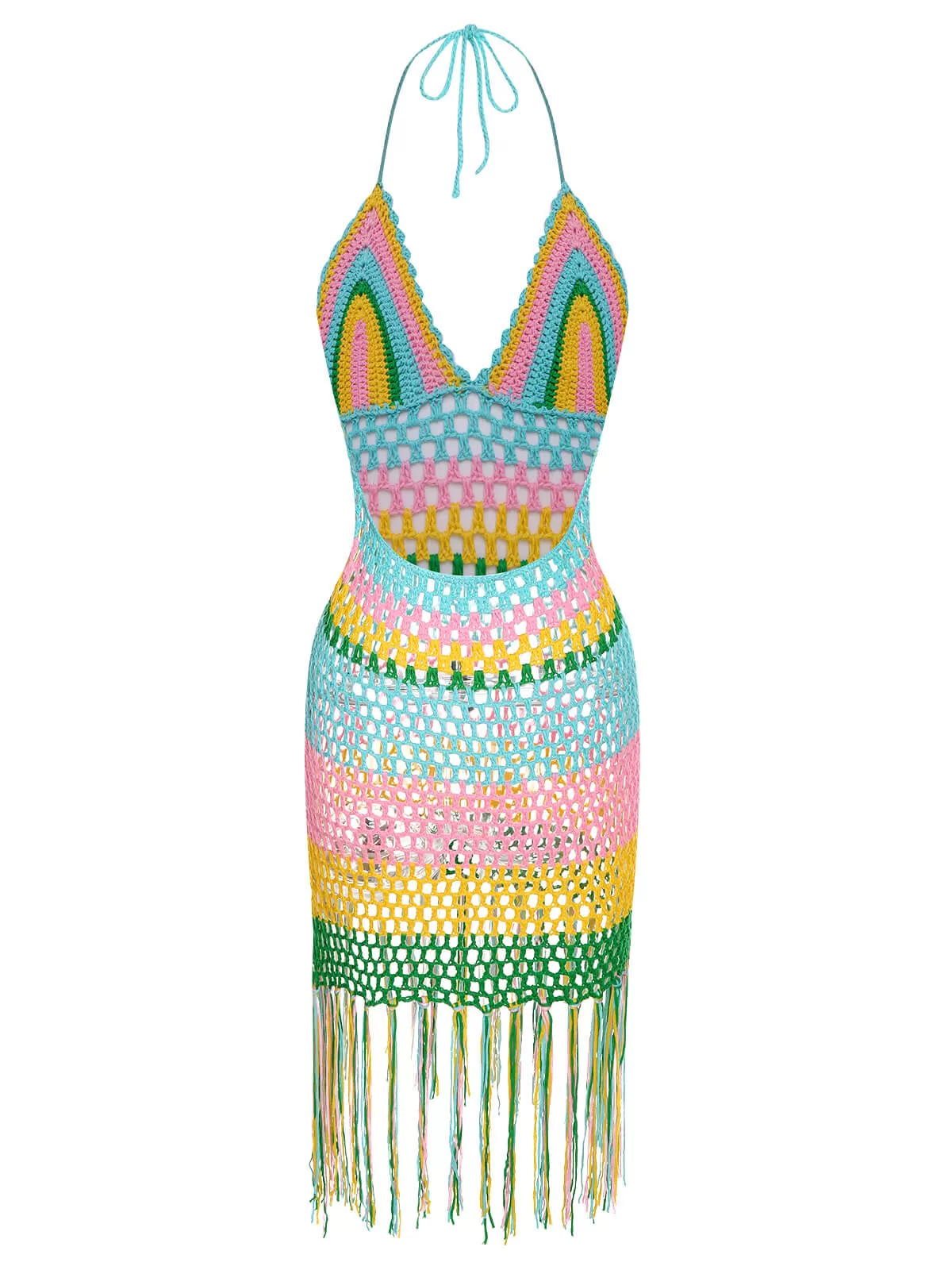 1960s Handmade Crochet Tassel Halter Cover-Up