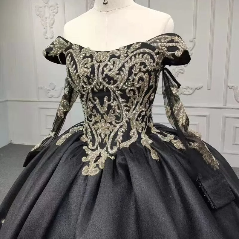 2 in 1 Black Ball Gown Luxury Dress with gold flower applique Quinceanera