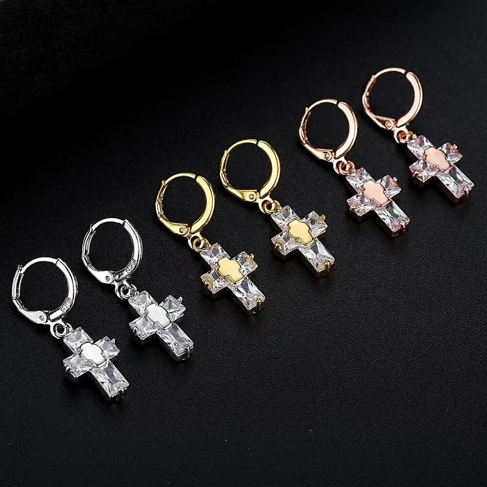 3 Color Crystal Cross Hoop Earrings