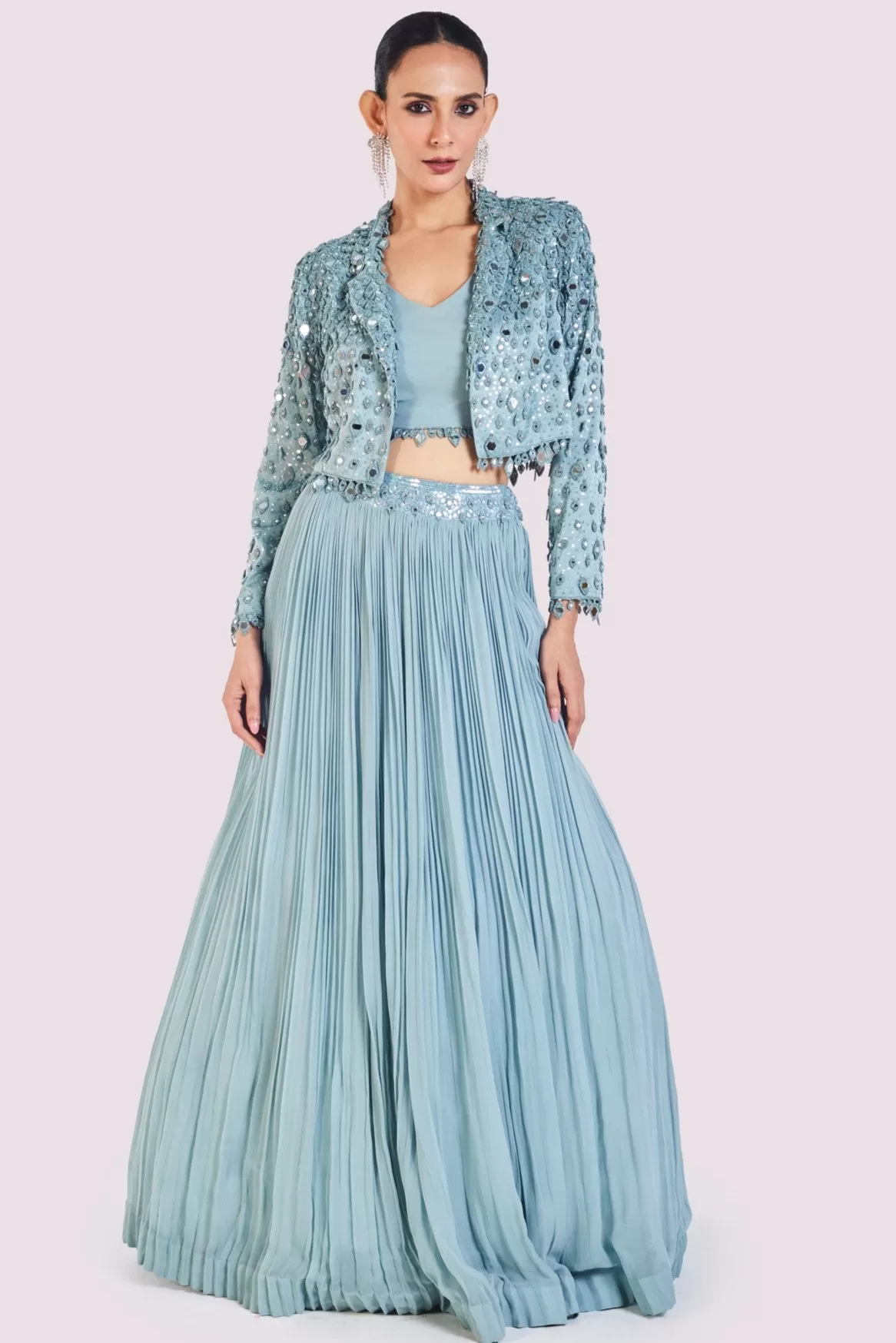 30Z350-RO Sky Blue Drop Embroidered Skirt Set with Jacket