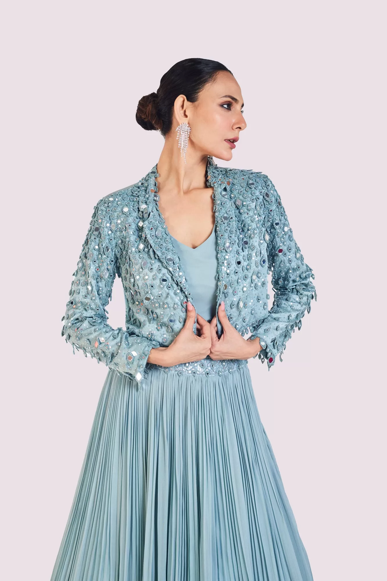 30Z350-RO Sky Blue Drop Embroidered Skirt Set with Jacket