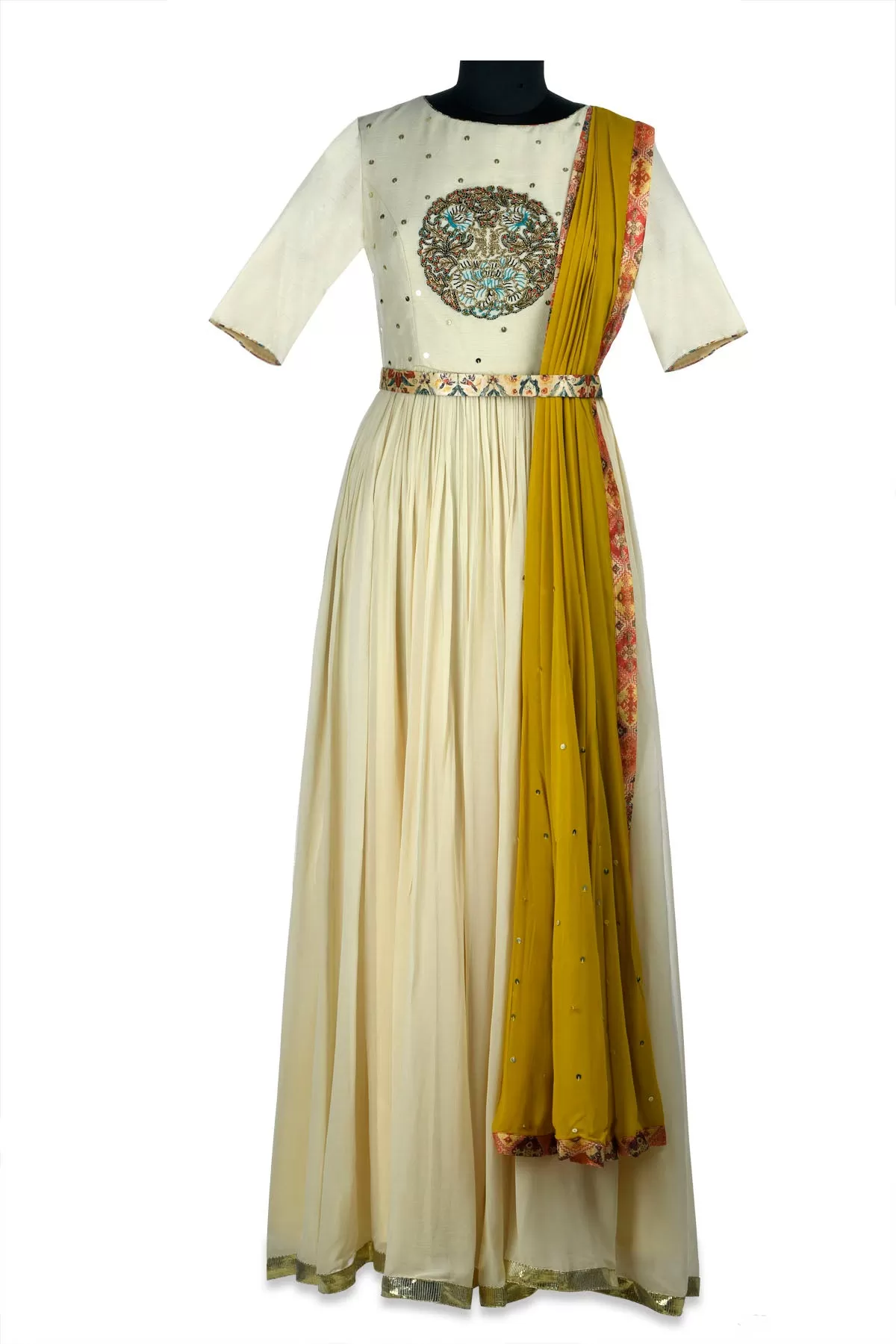 50Z173-RO Ivory Embroidered Draped Georgette Anarkali Gown