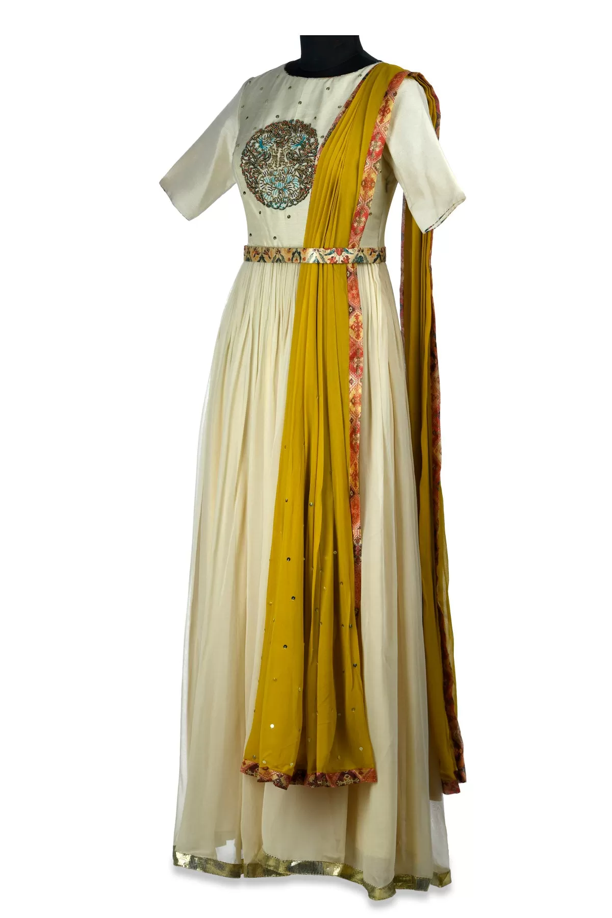 50Z173-RO Ivory Embroidered Draped Georgette Anarkali Gown