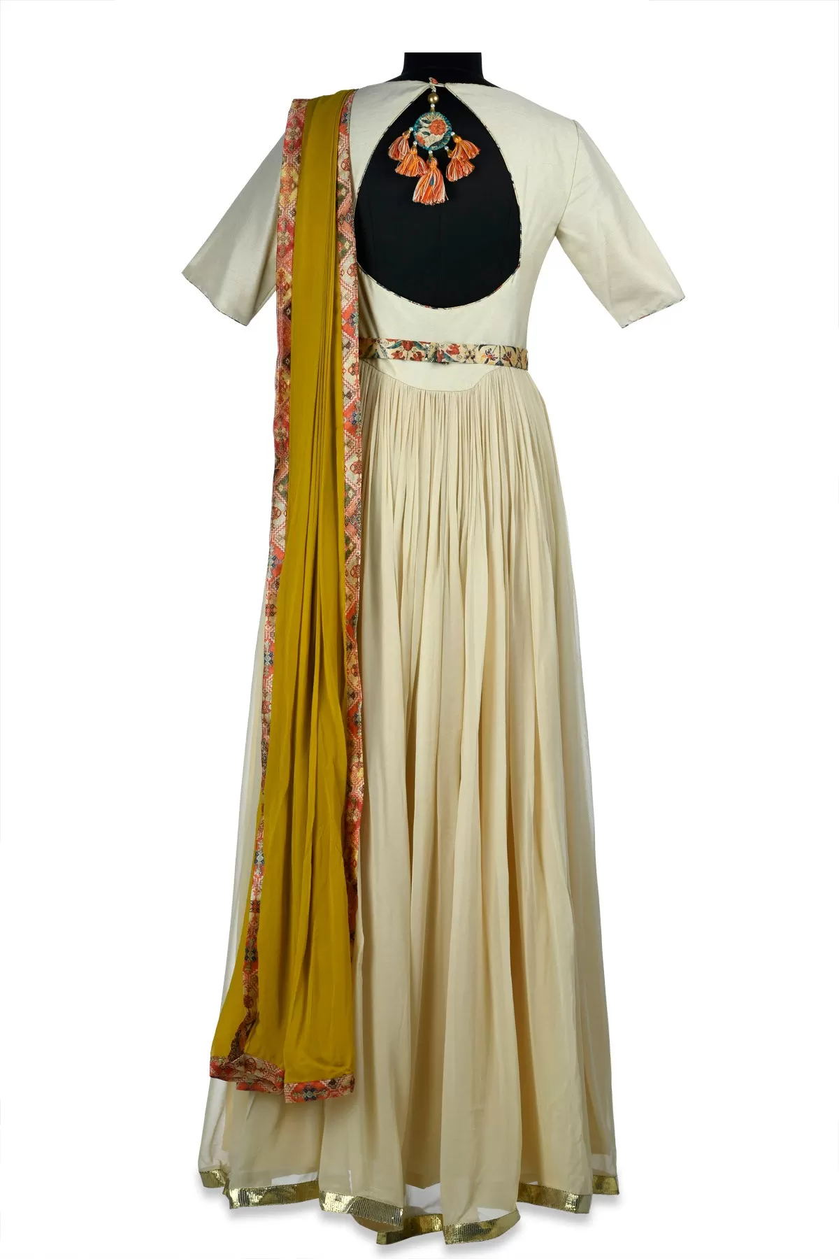 50Z173-RO Ivory Embroidered Draped Georgette Anarkali Gown