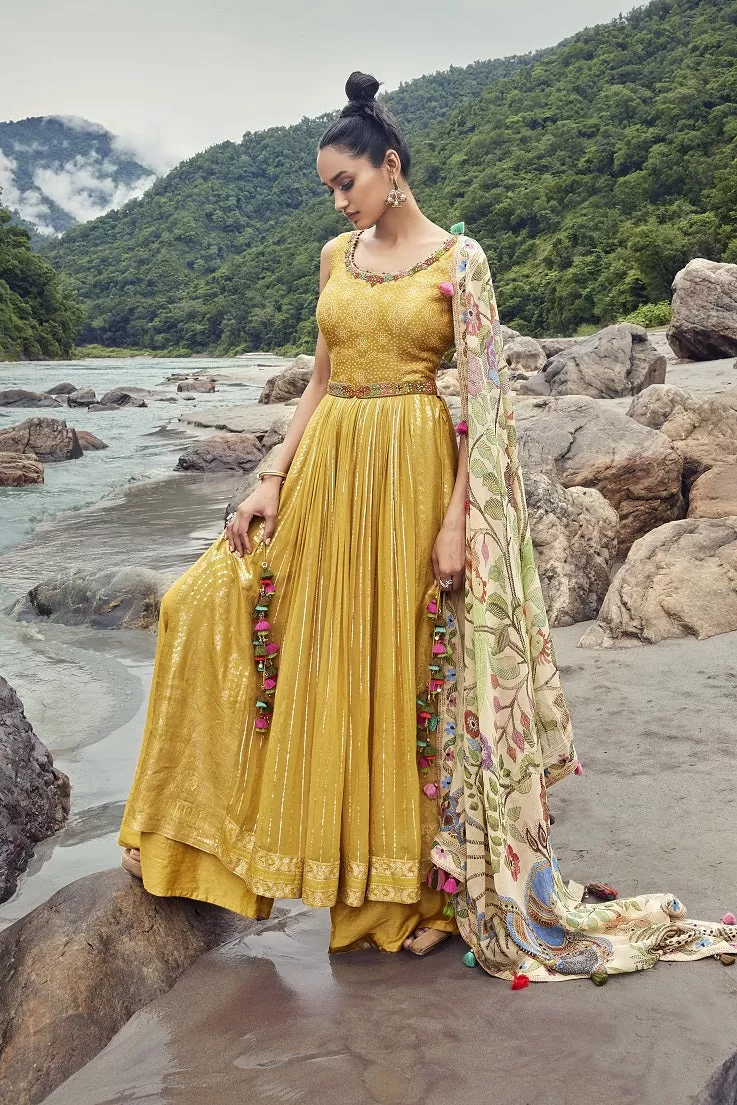 50Z848-RO Yellow Embroidered Georgette Naira Cut Suit With Dupatta