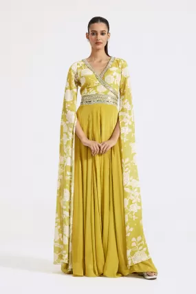 51Z021-RO Lime Green Printed Chinon Jumpsuit with Cape Sleeves