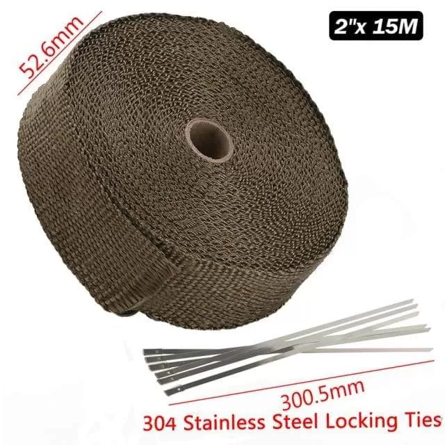 5cm*5M 10M 15M Titanium/Black Exhaust Heat Wrap Roll for Motorcycle Fiberglass Heat Shield Tape with Stainless Ties