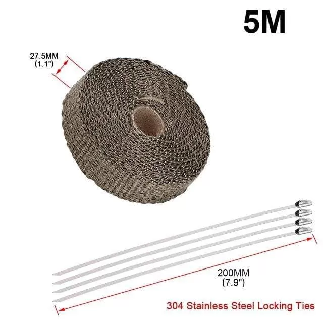 5cm*5M 10M 15M Titanium/Black Exhaust Heat Wrap Roll for Motorcycle Fiberglass Heat Shield Tape with Stainless Ties