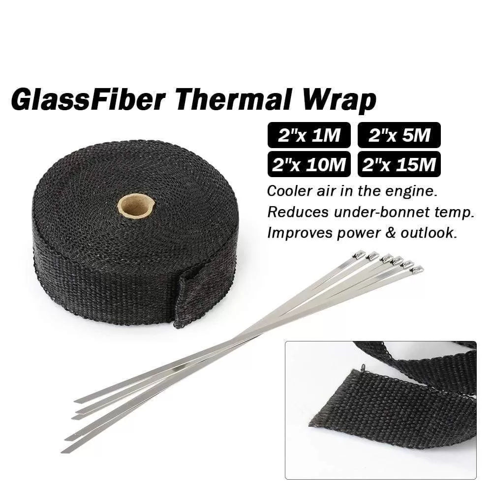 5cm*5M 10M 15M Titanium/Black Exhaust Heat Wrap Roll for Motorcycle Fiberglass Heat Shield Tape with Stainless Ties