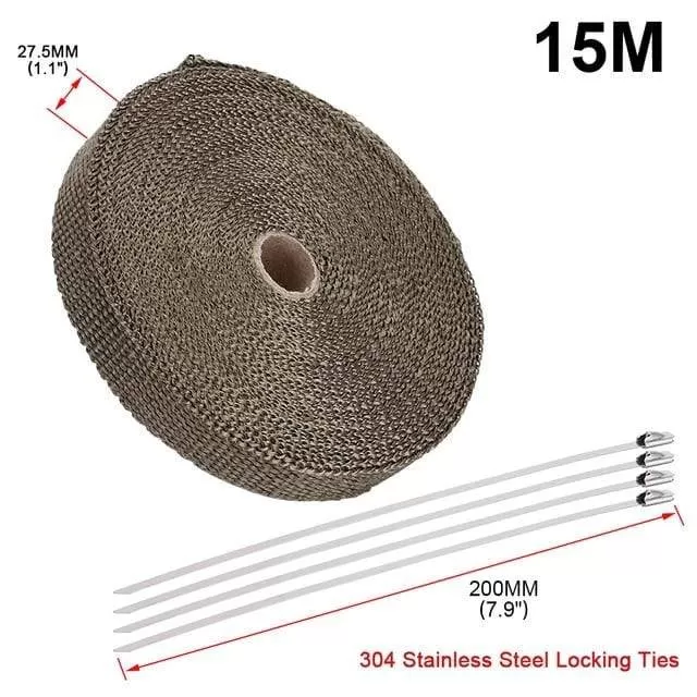 5cm*5M 10M 15M Titanium/Black Exhaust Heat Wrap Roll for Motorcycle Fiberglass Heat Shield Tape with Stainless Ties