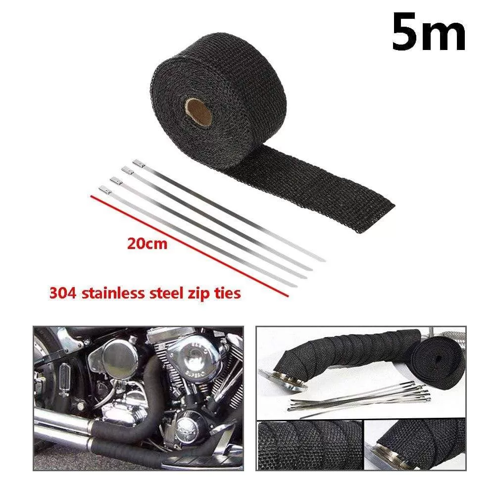 5cm*5M 10M 15M Titanium/Black Exhaust Heat Wrap Roll for Motorcycle Fiberglass Heat Shield Tape with Stainless Ties