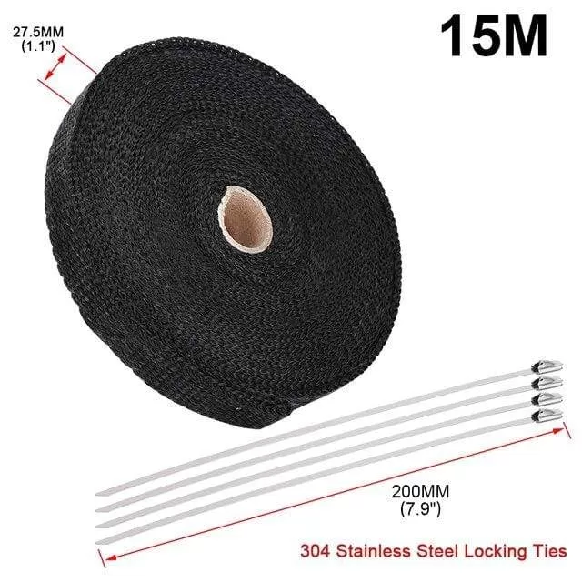 5cm*5M 10M 15M Titanium/Black Exhaust Heat Wrap Roll for Motorcycle Fiberglass Heat Shield Tape with Stainless Ties