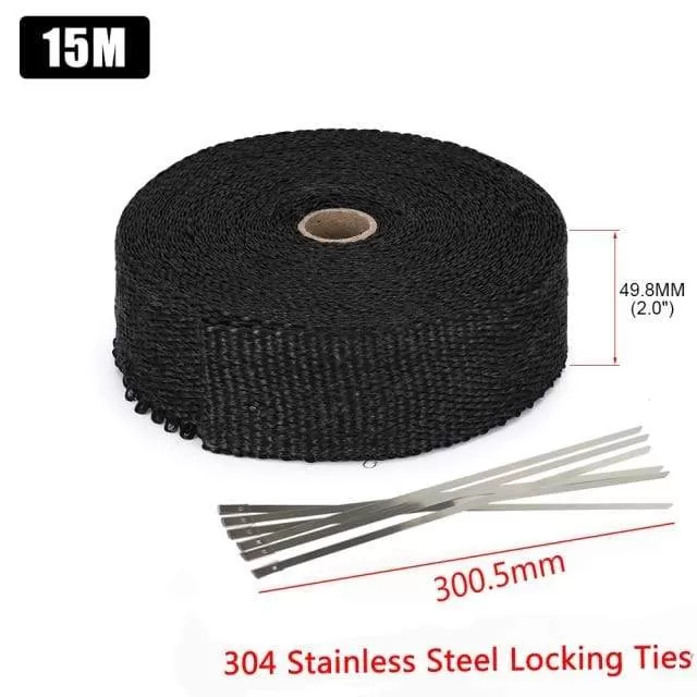 5cm*5M 10M 15M Titanium/Black Exhaust Heat Wrap Roll for Motorcycle Fiberglass Heat Shield Tape with Stainless Ties