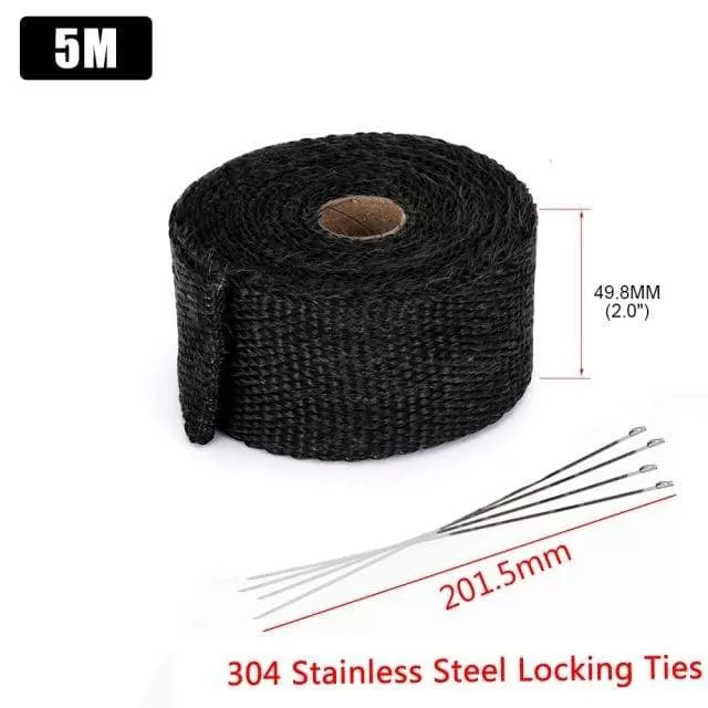 5cm*5M 10M 15M Titanium/Black Exhaust Heat Wrap Roll for Motorcycle Fiberglass Heat Shield Tape with Stainless Ties