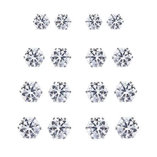 6 & 8 &9 Stainless Steel Pack Cubic Zirconia Studs Earrings Sets Unisex