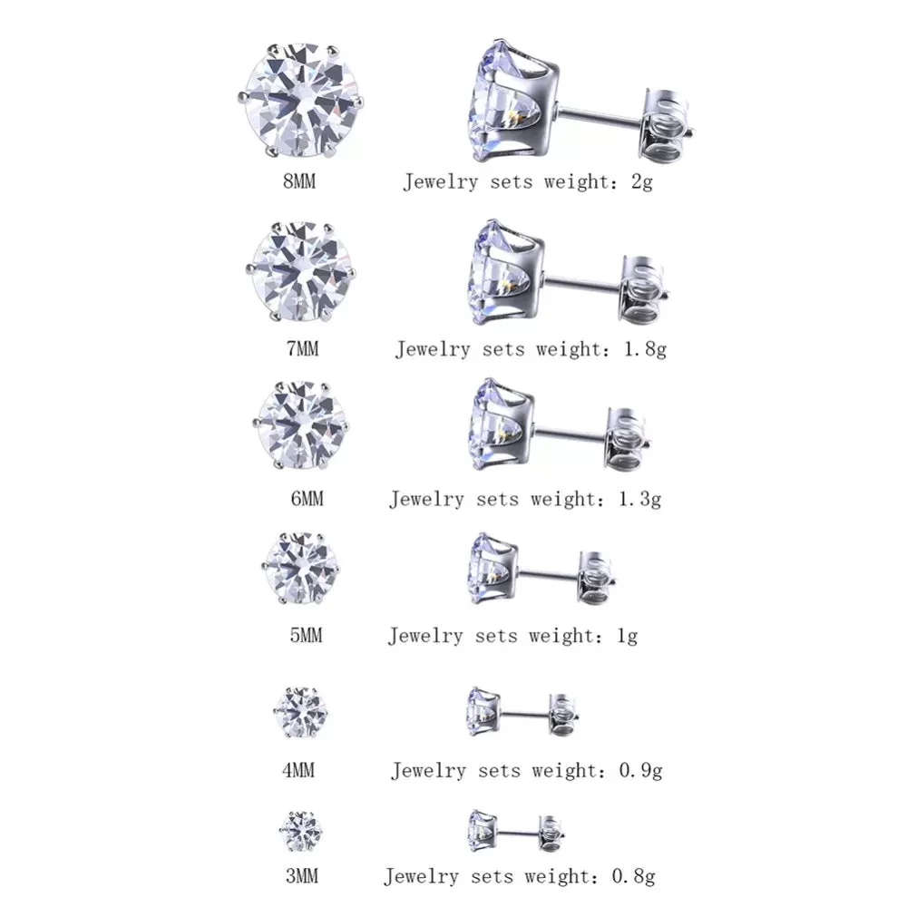 6 & 8 &9 Stainless Steel Pack Cubic Zirconia Studs Earrings Sets Unisex