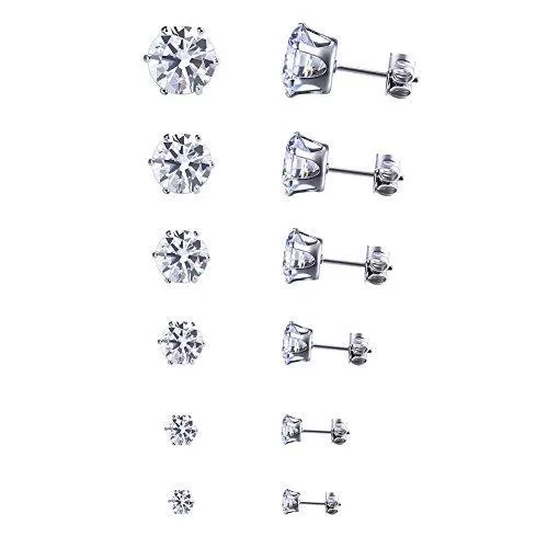 6 & 8 &9 Stainless Steel Pack Cubic Zirconia Studs Earrings Sets Unisex