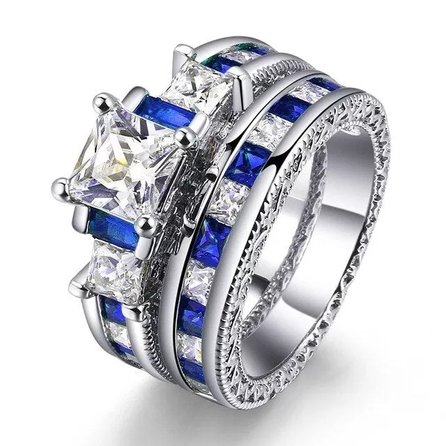 8mm Blue/Silver and Blue/White Rhinestone & Cubic Zirconia Stainless Steel Wedding Bands