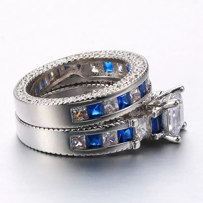 8mm Blue/Silver and Blue/White Rhinestone & Cubic Zirconia Stainless Steel Wedding Bands