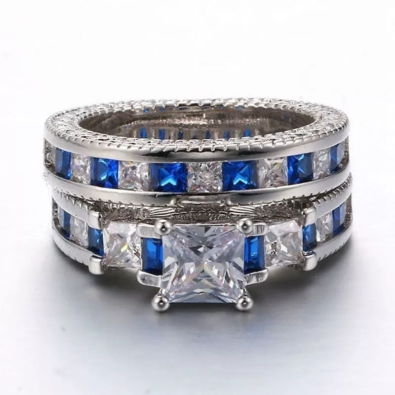 8mm Blue/Silver and Blue/White Rhinestone & Cubic Zirconia Stainless Steel Wedding Bands