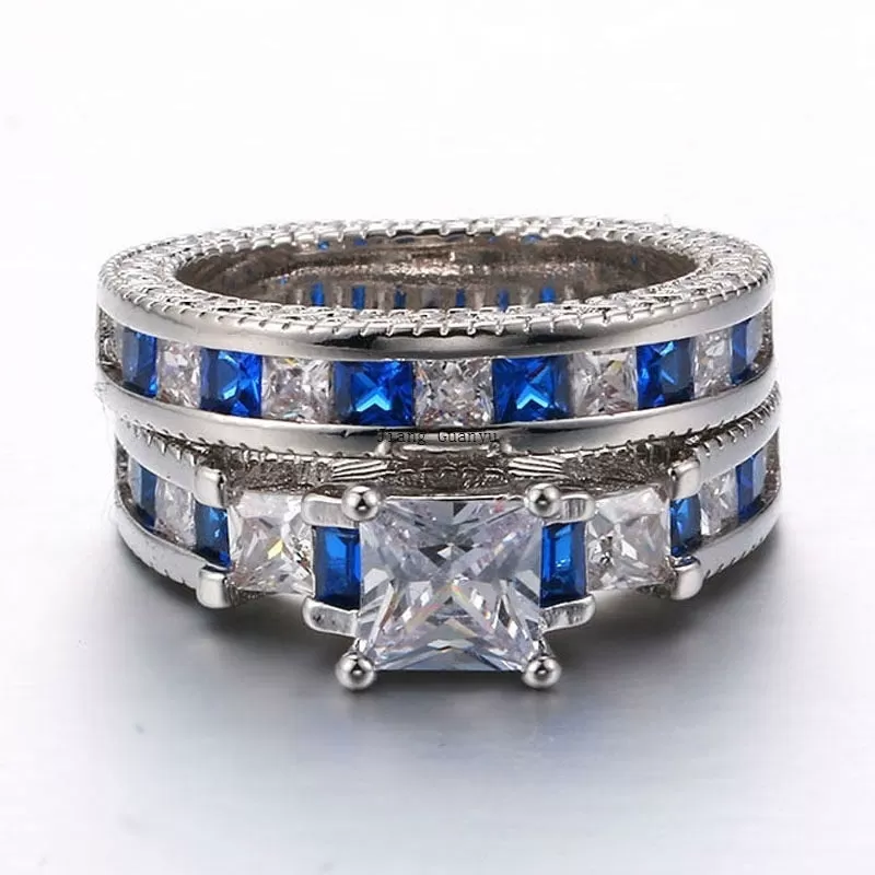 8mm Silver Celtic Dragon Inlay and Blue/White Cubic Zirconia Stainless Steel Wedding Ring Set