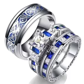 8mm Silver Celtic Dragon Inlay and Blue/White Cubic Zirconia Stainless Steel Wedding Ring Set