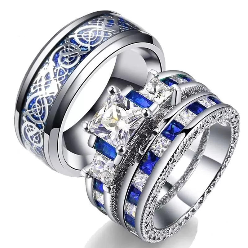 8mm Silver Celtic Dragon Inlay and Blue/White Cubic Zirconia Stainless Steel Wedding Ring Set