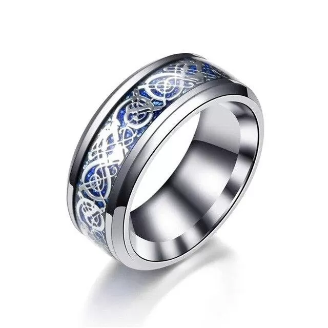 8mm Silver Celtic Dragon Inlay and Blue/White Cubic Zirconia Stainless Steel Wedding Ring Set