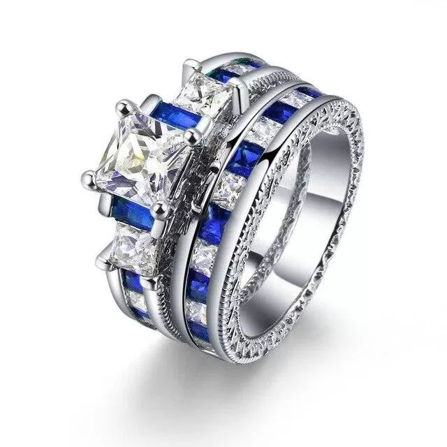 8mm Silver Celtic Dragon Inlay and Blue/White Cubic Zirconia Stainless Steel Wedding Ring Set