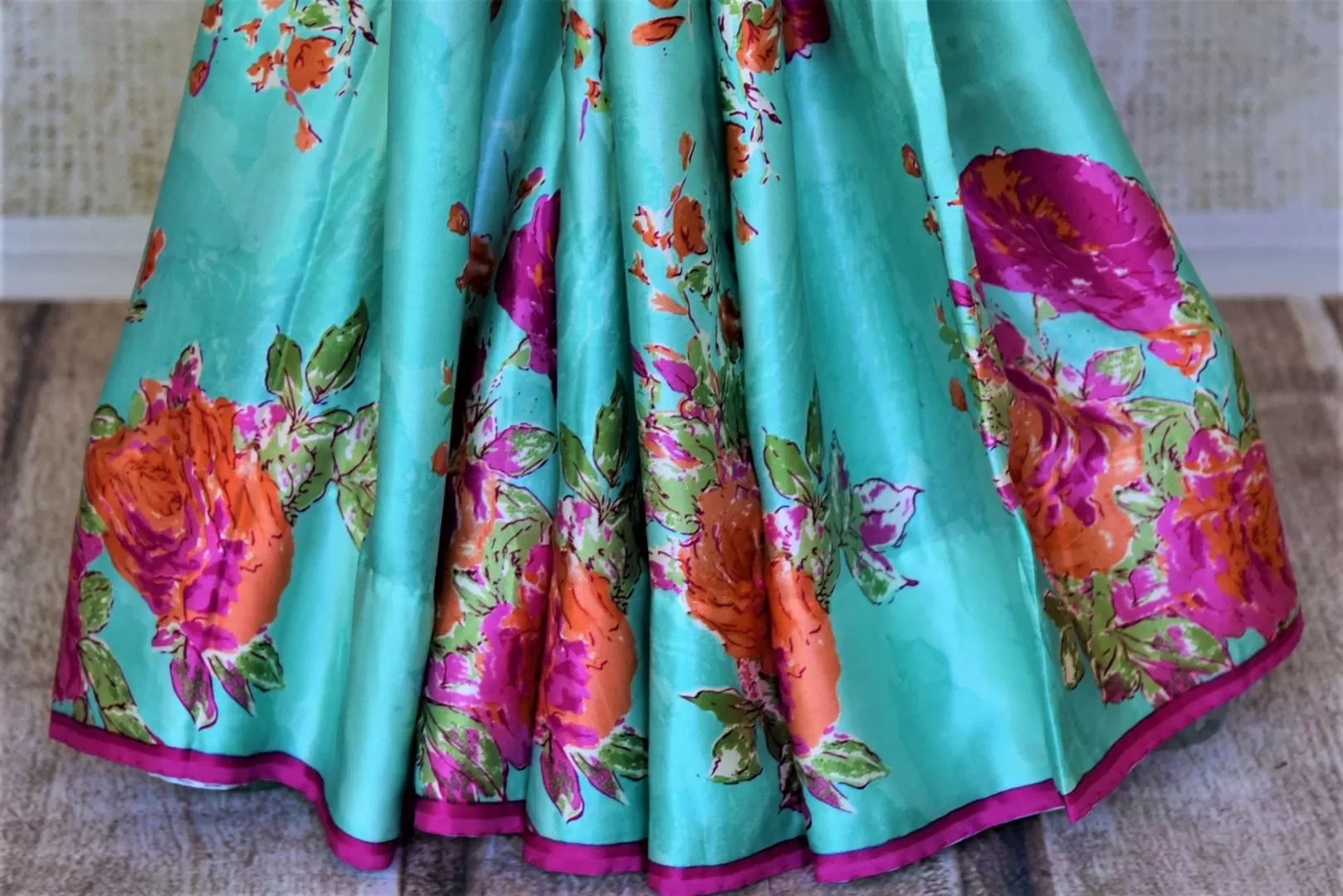 90I771-RO Turquoise Green Pink Floral Print Crepe Silk Saree