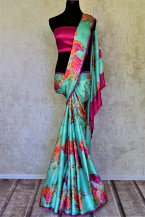 90I771-RO Turquoise Green Pink Floral Print Crepe Silk Saree