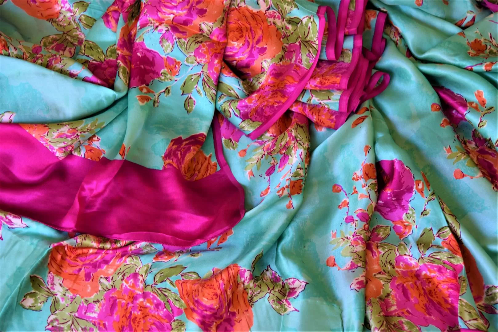 90I771-RO Turquoise Green Pink Floral Print Crepe Silk Saree