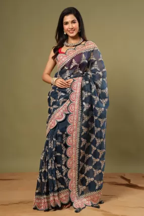 90Z527-RO Sea Green Organza Silk Saree with Red Scalloped Border