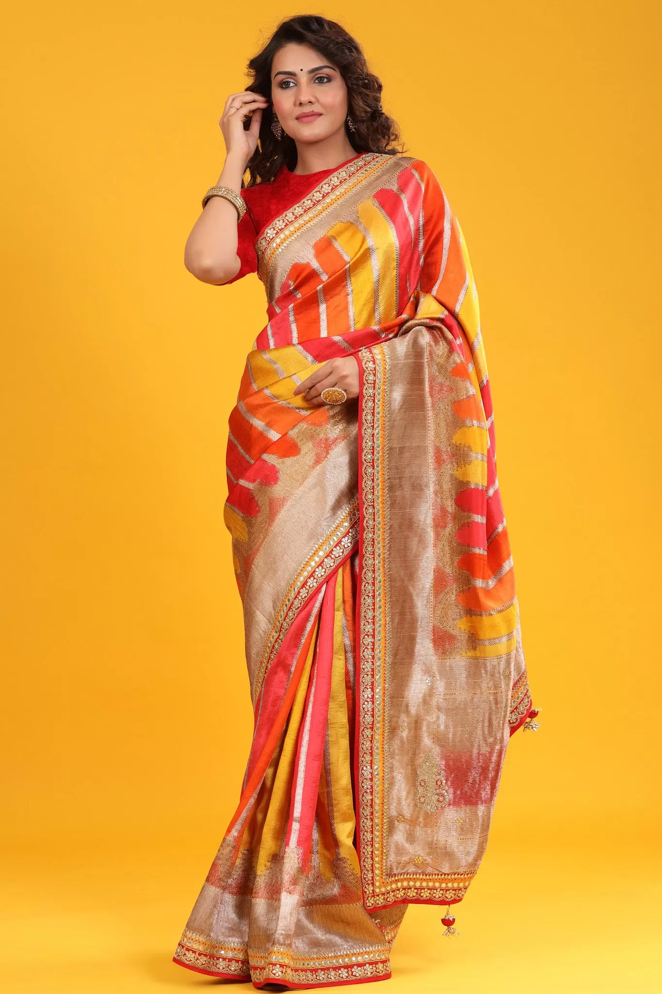 90Z635-RO Multicolor Banarasi Silk Saree with Embroidered Zari Border