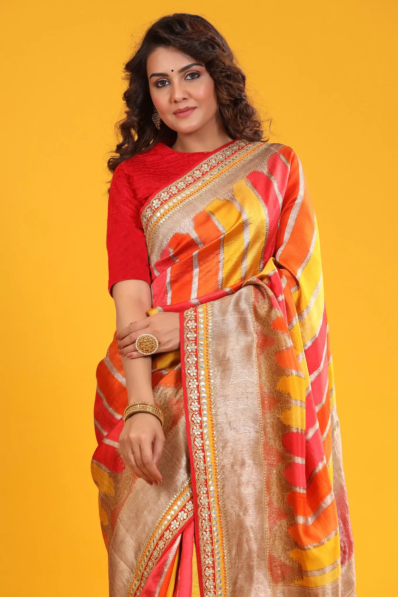 90Z635-RO Multicolor Banarasi Silk Saree with Embroidered Zari Border