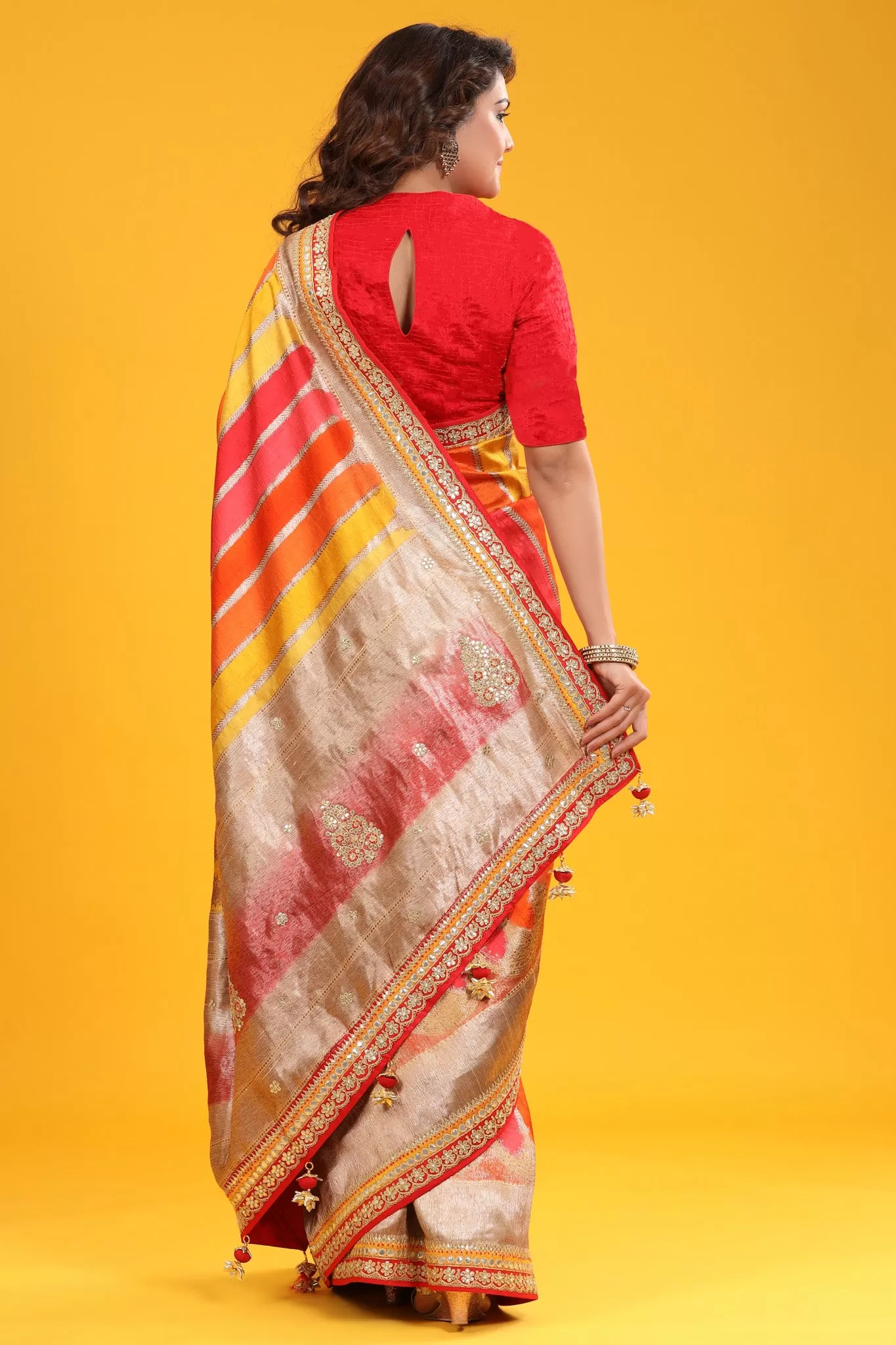 90Z635-RO Multicolor Banarasi Silk Saree with Embroidered Zari Border