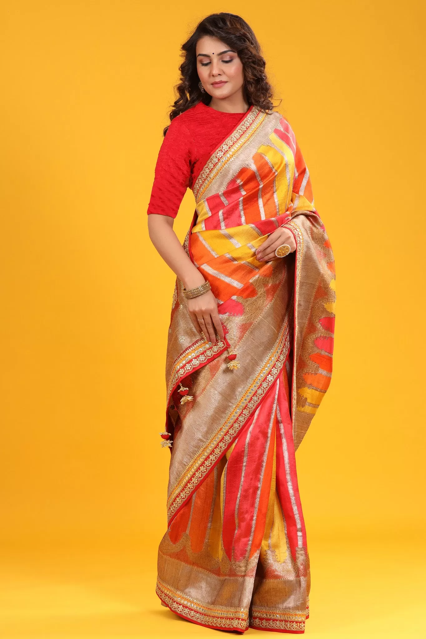 90Z635-RO Multicolor Banarasi Silk Saree with Embroidered Zari Border