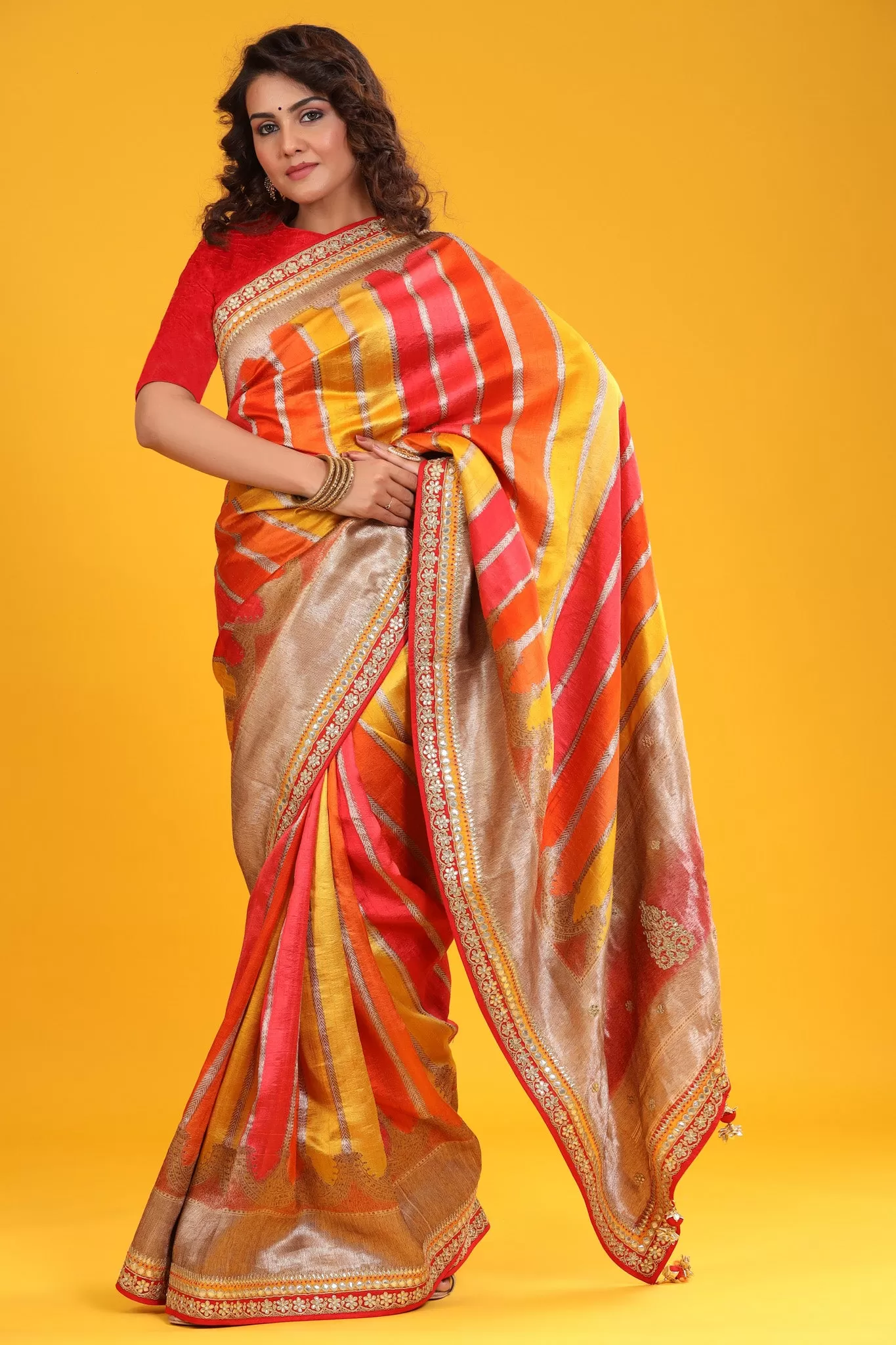 90Z635-RO Multicolor Banarasi Silk Saree with Embroidered Zari Border