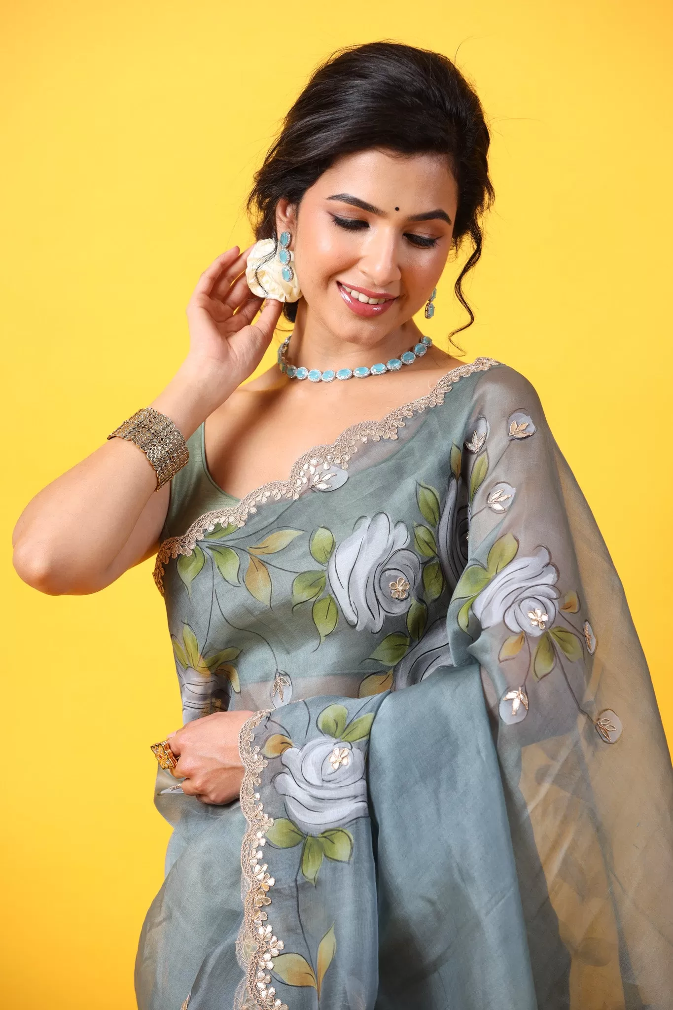 90Z654-RO Grey Hand Painted Organza Sari with Scalloped Border