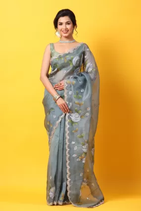 90Z654-RO Grey Hand Painted Organza Sari with Scalloped Border