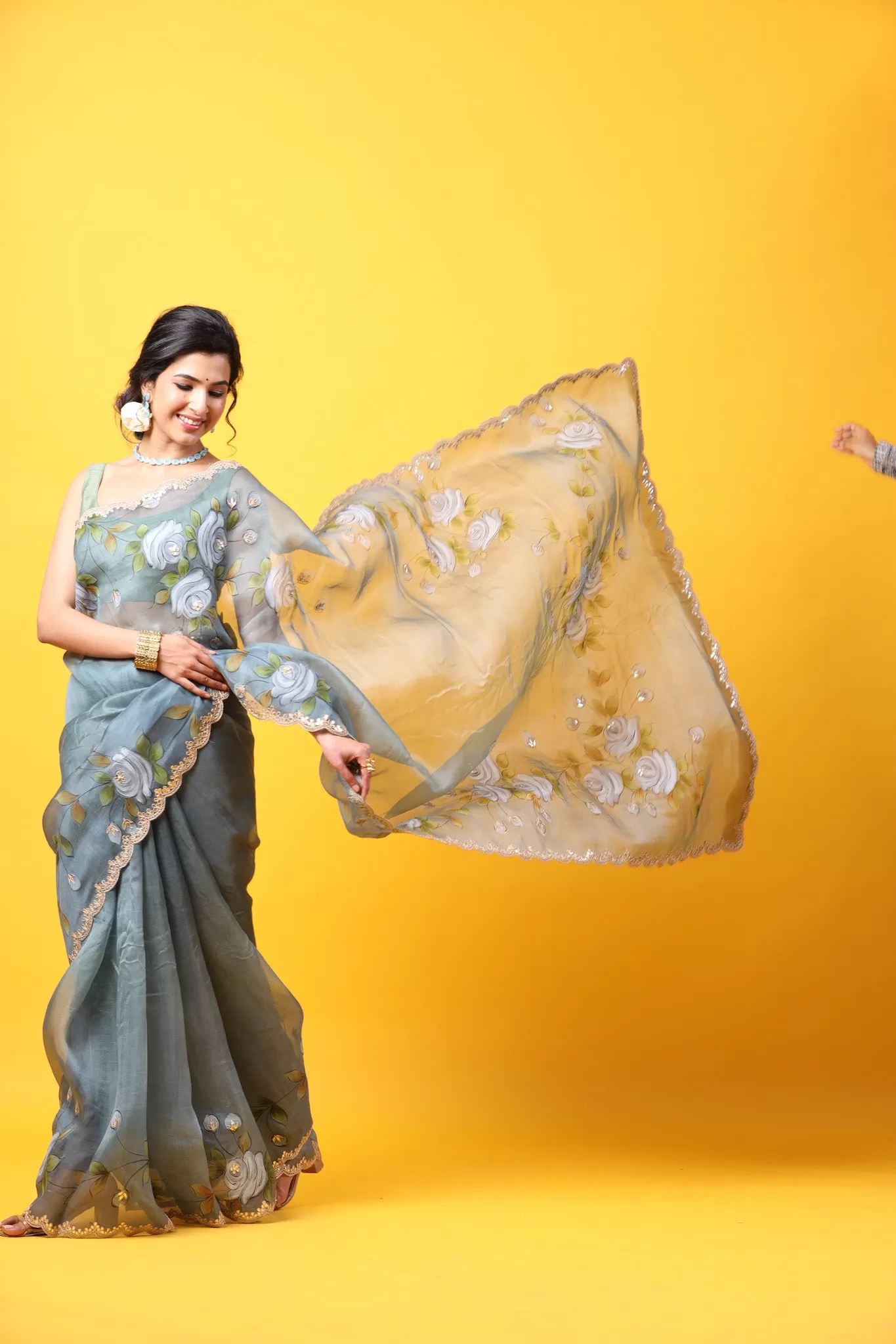 90Z654-RO Grey Hand Painted Organza Sari with Scalloped Border