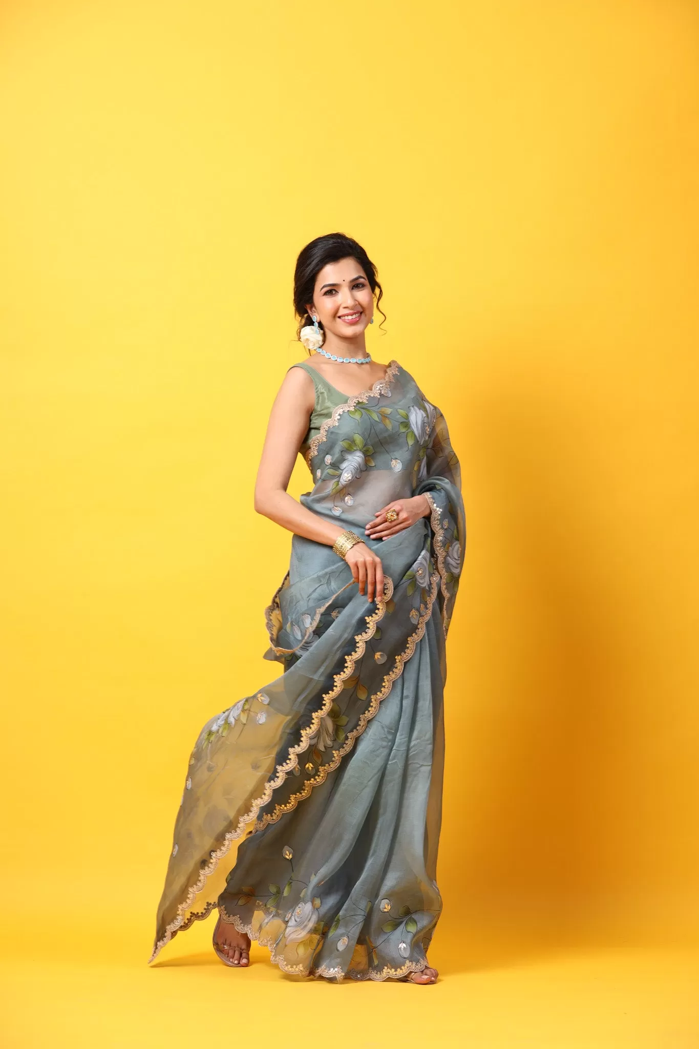 90Z654-RO Grey Hand Painted Organza Sari with Scalloped Border