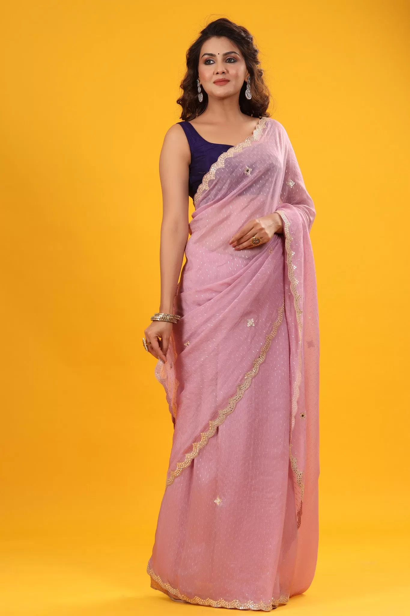 90Z664-RO Light Pink Organza Saree with Embroidered Scalloped Border